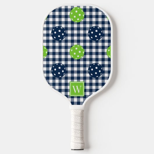 Preppy Pickleball Gingham - Navy & Lime Monogram Paddle (Voorkant)