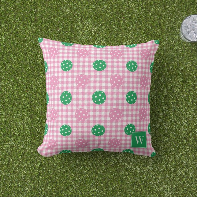 Preppy Pickleball Gingham – Roze & Groen Buitenkussen (Gras)
