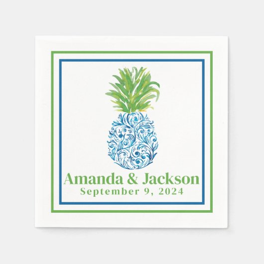 Preppy Pineapple Chinoiserie Border Wedding Servet (Voorkant)