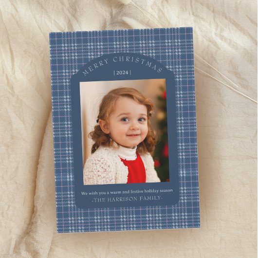 Preppy Pink and Blue Plaid Classic Christmas Card Feestdagenkaart