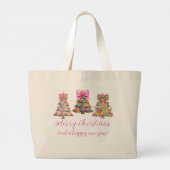 Preppy Pink and Green Christmas Trees Grote Tote Bag (Achterkant)