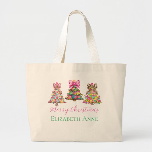 Preppy Pink and Green Christmas Trees Grote Tote Bag (Voorkant)