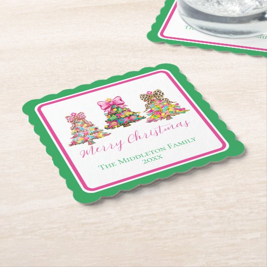 Preppy Pink and Green Christmas Trees Kartonnen Onderzetters (Gebogen)