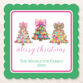Preppy Pink and Green Christmas Trees Kartonnen Onderzetters