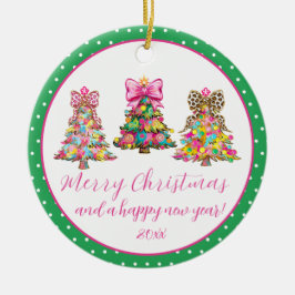 Preppy Pink and Green Christmas Trees Keramisch Ornament