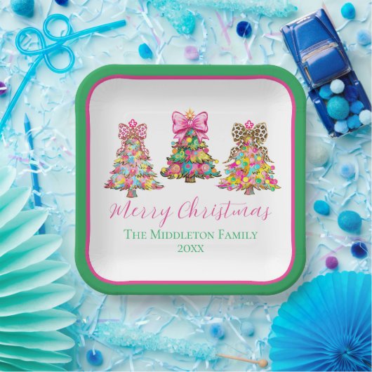 Preppy Pink and Green Christmas Trees Papieren Bordje (Feest)