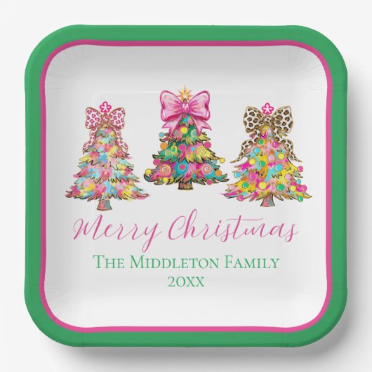 Preppy Pink and Green Christmas Trees Papieren Bordje (Voorkant)
