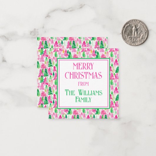 Preppy Pink and Green Christmas Trees Personalized Notitiekaartje (Voorkant / Achterkant in situ)