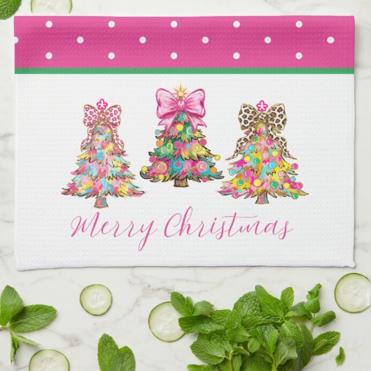 Preppy Pink and Green Christmas Trees Theedoek (Gevouwen)