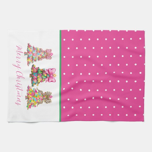 Preppy Pink and Green Christmas Trees Theedoek (Horizontaal)