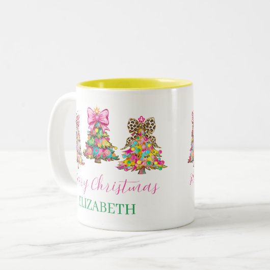 Preppy Pink and Green Christmas Trees Tweekleurige Koffiemok (Voorkant links)