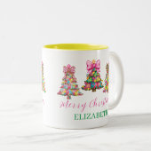 Preppy Pink and Green Christmas Trees Tweekleurige Koffiemok (Voorkant rechts)