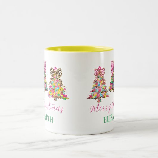 Preppy Pink and Green Christmas Trees Tweekleurige Koffiemok (Center)