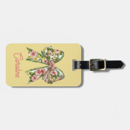 Preppy Pink and Green Floral Bow Personalized Bagagelabel