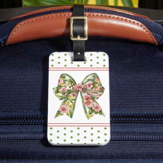 Preppy Pink and Green Floral Bow Personalized Bagagelabel (Voorkant Insitu 2)