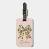 Preppy Pink and Green Floral Bow Personalized Bagagelabel (Voorkant verticaal)