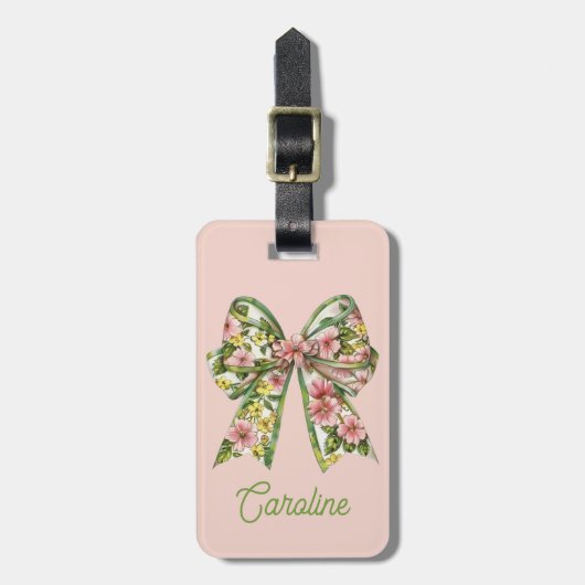 Preppy Pink and Green Floral Bow Personalized Bagagelabel (Voorkant verticaal)