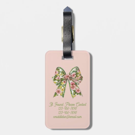 Preppy Pink and Green Floral Bow Personalized Bagagelabel (Achterkant verticaal)