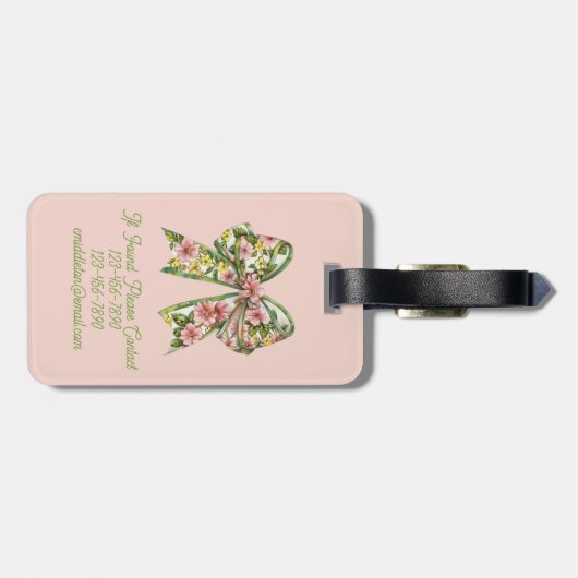 Preppy Pink and Green Floral Bow Personalized Bagagelabel (Achterkant horizontaal)