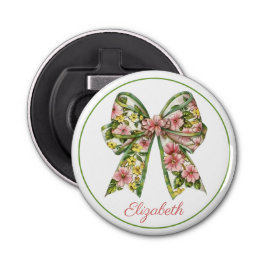 Preppy Pink and Green Floral Bow Personalized Button Flesopener