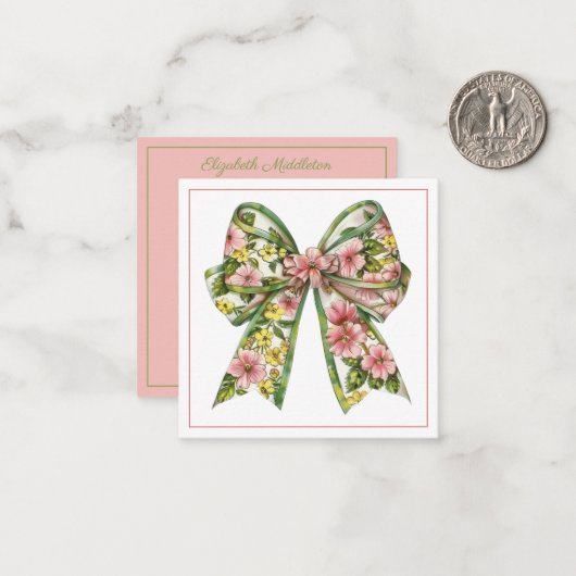 Preppy Pink and Green Floral Bow Personalized Notitiekaartje (Voorkant / Achterkant in situ)