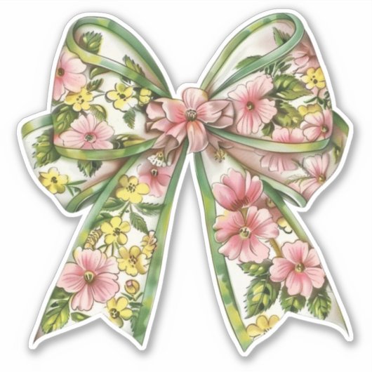 Preppy Pink and Green Floral Bow Sticker (Voorkant)