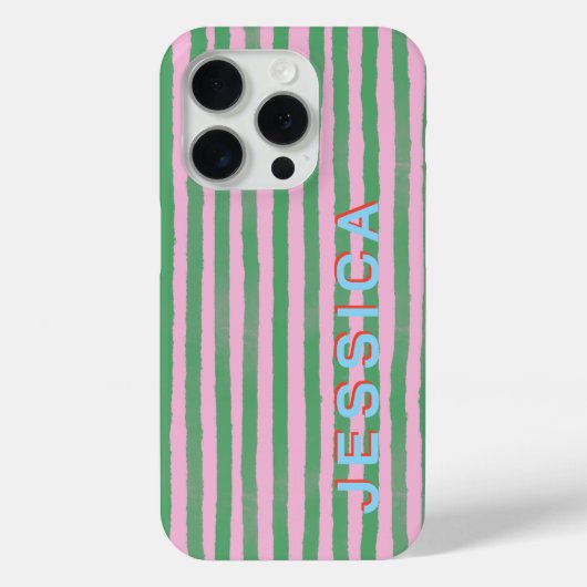 Preppy Pink and Green Striped Custom Name Case-Mate iPhone Case (Achterkant)