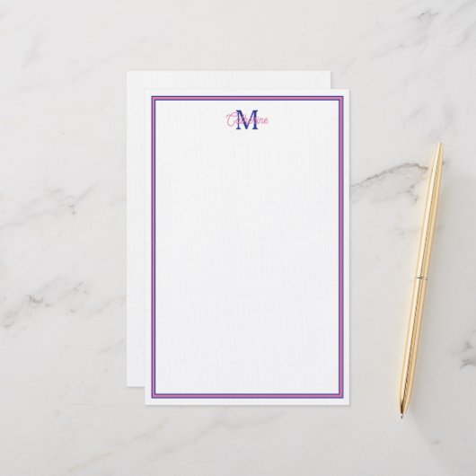 Preppy Pink and Navy Blue Simple Monogram Briefpapier (Voorkant / Achterkant in situ)