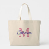 Preppy Pink and Navy Blue Simple Monogram Grote Tote Bag (Achterkant)
