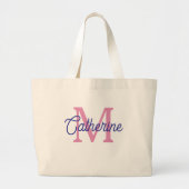 Preppy Pink and Navy Blue Simple Monogram Grote Tote Bag (Voorkant)