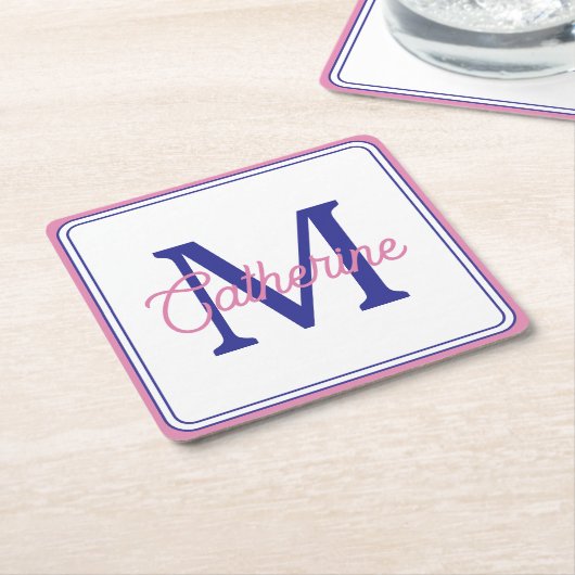 Preppy Pink and Navy Blue Simple Monogram Kartonnen Onderzetters (Schuin)