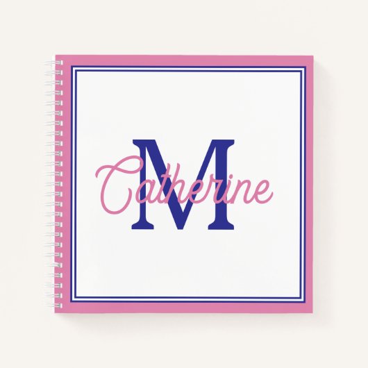 Preppy Pink and Navy Blue Simple Monogram Notitieboek (Voorkant)