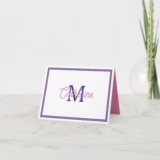Preppy Pink and Navy Blue Simple Monogram Notitiekaartje (Voorkant)