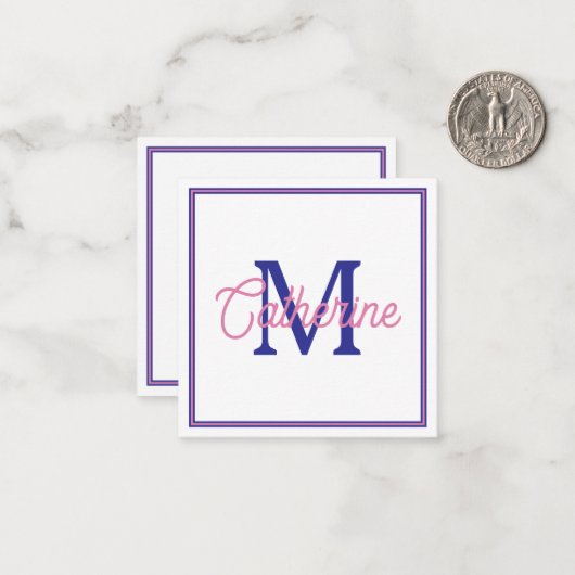 Preppy Pink and Navy Blue Simple Monogram Notitiekaartje (Voorkant / Achterkant in situ)