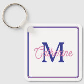 Preppy Pink and Navy Blue Simple Monogram Sleutelhanger (Voorkant)