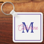 Preppy Pink and Navy Blue Simple Monogram Sleutelhanger (Voorkant)