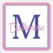 Preppy Pink and Navy Blue Simple Monogram Vierkante Sticker (Voorkant)
