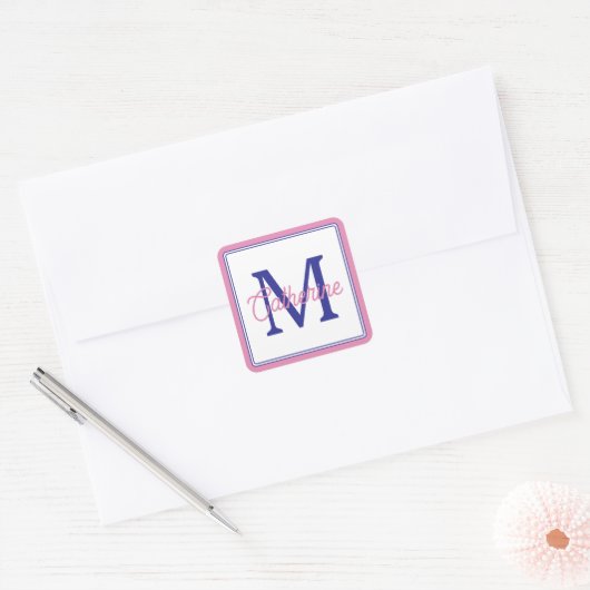 Preppy Pink and Navy Blue Simple Monogram Vierkante Sticker (Envelop)