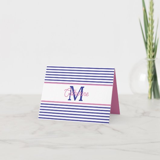 Preppy Pink and Navy Blue Stripe Simple Monogram Notitiekaartje (Voorkant)
