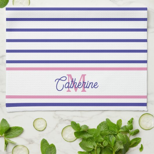 Preppy Pink and Navy Blue Stripe Simple Monogram Theedoek (Gevouwen)
