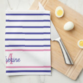 Preppy Pink and Navy Blue Stripe Simple Monogram Theedoek (Quarter Fold)