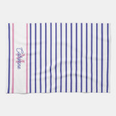 Preppy Pink and Navy Blue Stripe Simple Monogram Theedoek (Horizontaal)