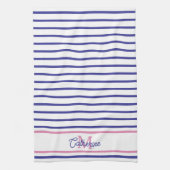 Preppy Pink and Navy Blue Stripe Simple Monogram Theedoek (Verticaal)