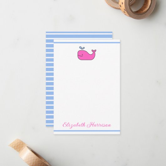 Preppy Pink Blue and White Whale Personalized Notitiekaartje (Voorkant / Achterkant in situ)