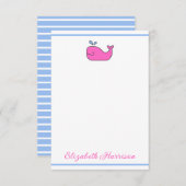 Preppy Pink Blue and White Whale Personalized Notitiekaartje (Voorkant / Achterkant)