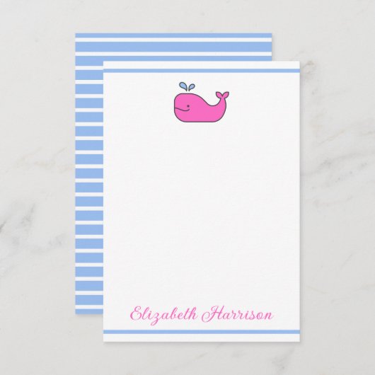 Preppy Pink Blue and White Whale Personalized Notitiekaartje (Voorkant / Achterkant)