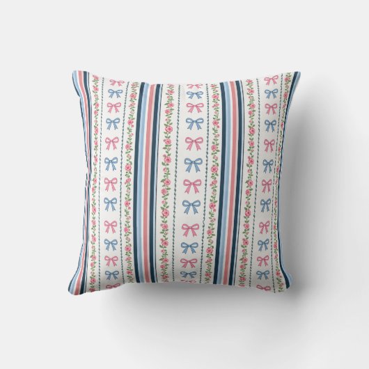 Preppy Pink Blue Bows Florals Stripes Nursery Kussen (Achterkant)