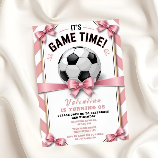 Preppy Pink Bow Girl Soccer Game Time Birthday Kaart