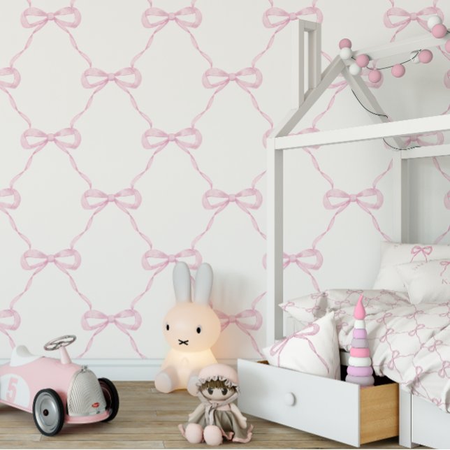 Preppy Pink Bow Grand Millennial Behang (Wallpaper with matching duvet cover and pillow)
