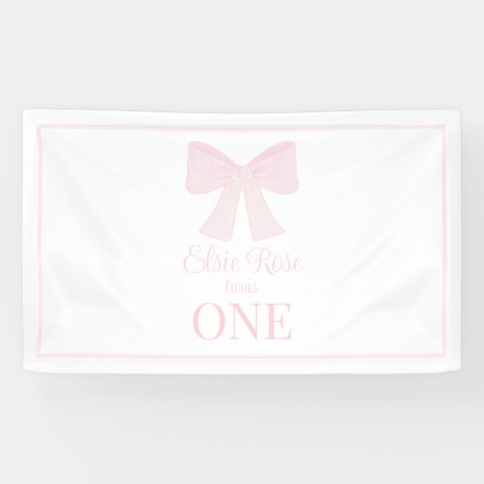 Preppy Pink Bow Grandmillennial Eerste Verjaardag Spandoek (Horizontaal)